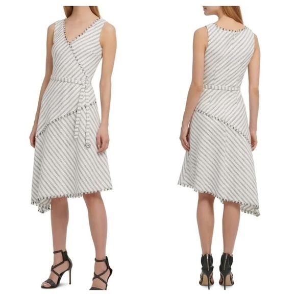DKNY Asymmetrical Striped Dress w/ Pockets Clean Girl Coastal Minimalist Sz 10 - Picture 3 of 14